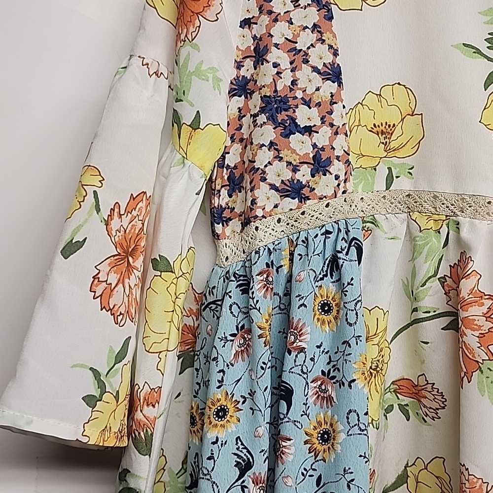 GGO Boho Floral V-Neck Patchwork Mini Dress or Long Top in White & Yellow - Picture 3 of 9